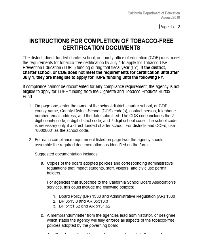 Thumbnail of Instructions for Completion of Tobacco-Free Certification Documents